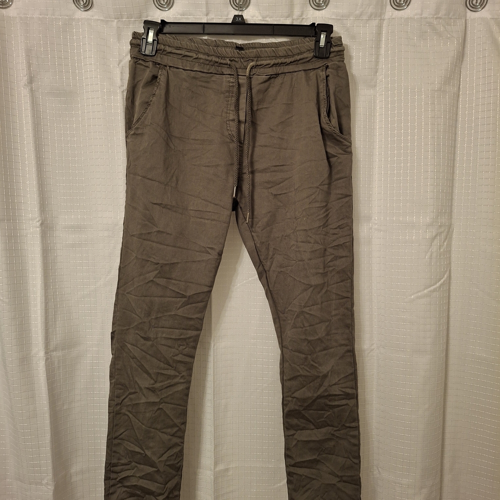 Venti6 Crinkle Olive Green Ankle-Length Draw String Pants